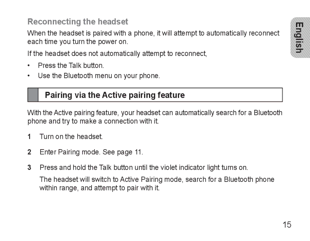 Samsung BHM3500EBECXEF, BHM3500EWECXEF manual Reconnecting the headset, Pairing via the Active pairing feature 