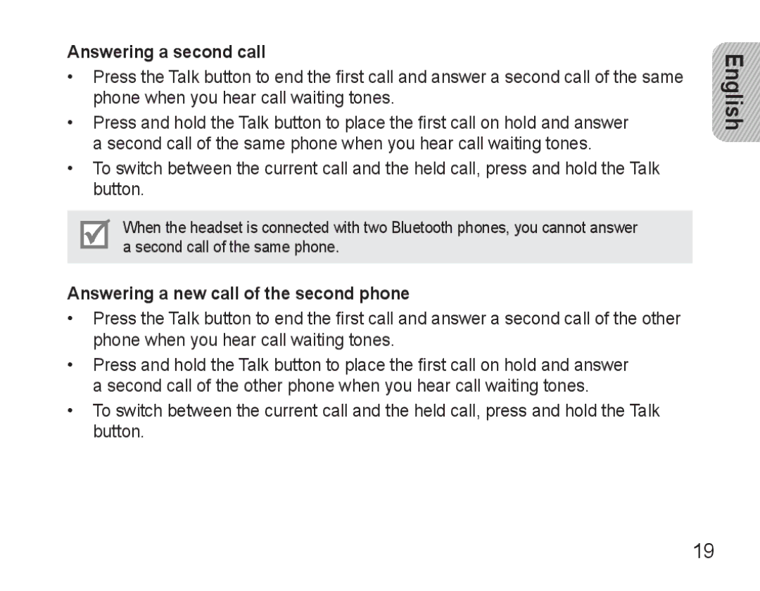 Samsung BHM3500EBECXEF, BHM3500EWECXEF manual Answering a second call, Answering a new call of the second phone 