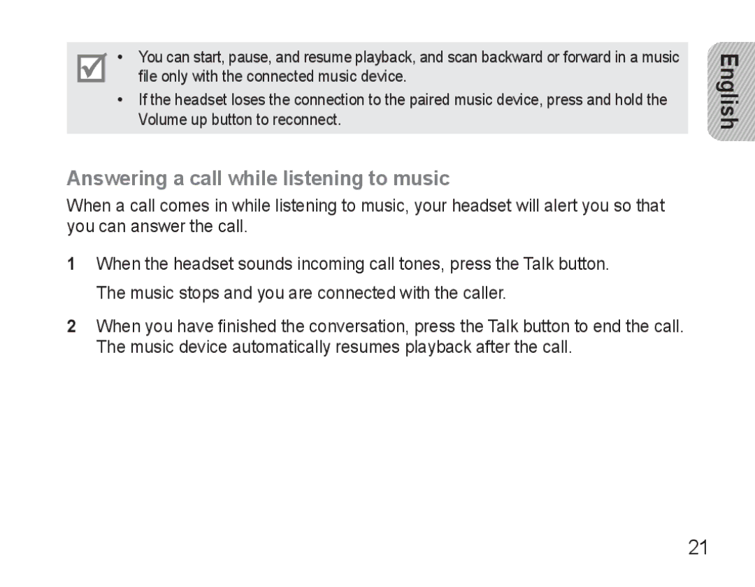 Samsung BHM3500EBECXEF, BHM3500EWECXEF manual Answering a call while listening to music 