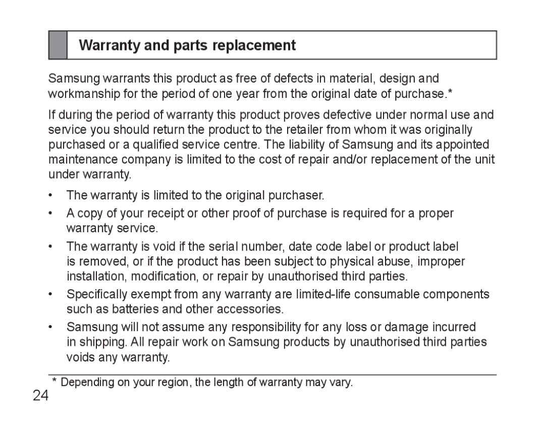 Samsung BHM3500EWECXEF, BHM3500EBECXEF manual Warranty and parts replacement 