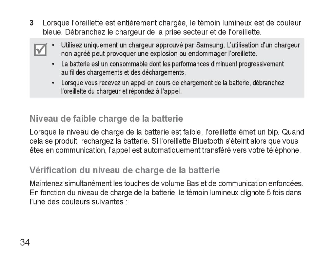 Samsung BHM3500EWECXEF manual Niveau de faible charge de la batterie, Vérification du niveau de charge de la batterie 