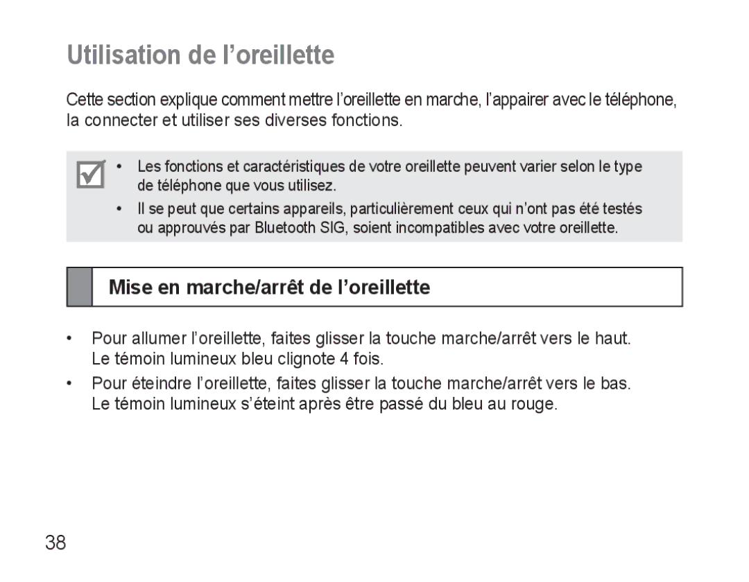 Samsung BHM3500EWECXEF, BHM3500EBECXEF manual Utilisation de l’oreillette, Mise en marche/arrêt de l’oreillette 