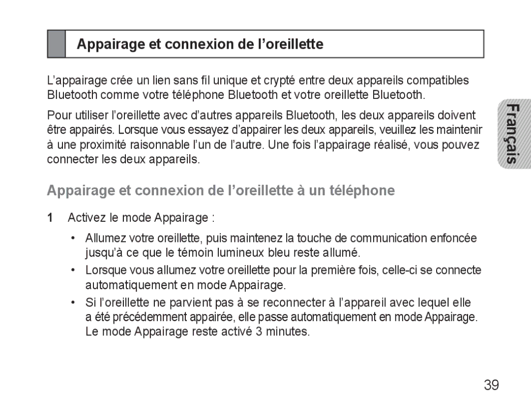 Samsung BHM3500EBECXEF, BHM3500EWECXEF manual Appairage et connexion de l’oreillette à un téléphone 