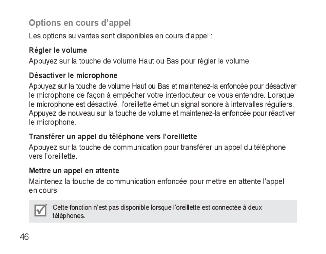 Samsung BHM3500EWECXEF Options en cours d’appel, Régler le volume, Désactiver le microphone, Mettre un appel en attente 