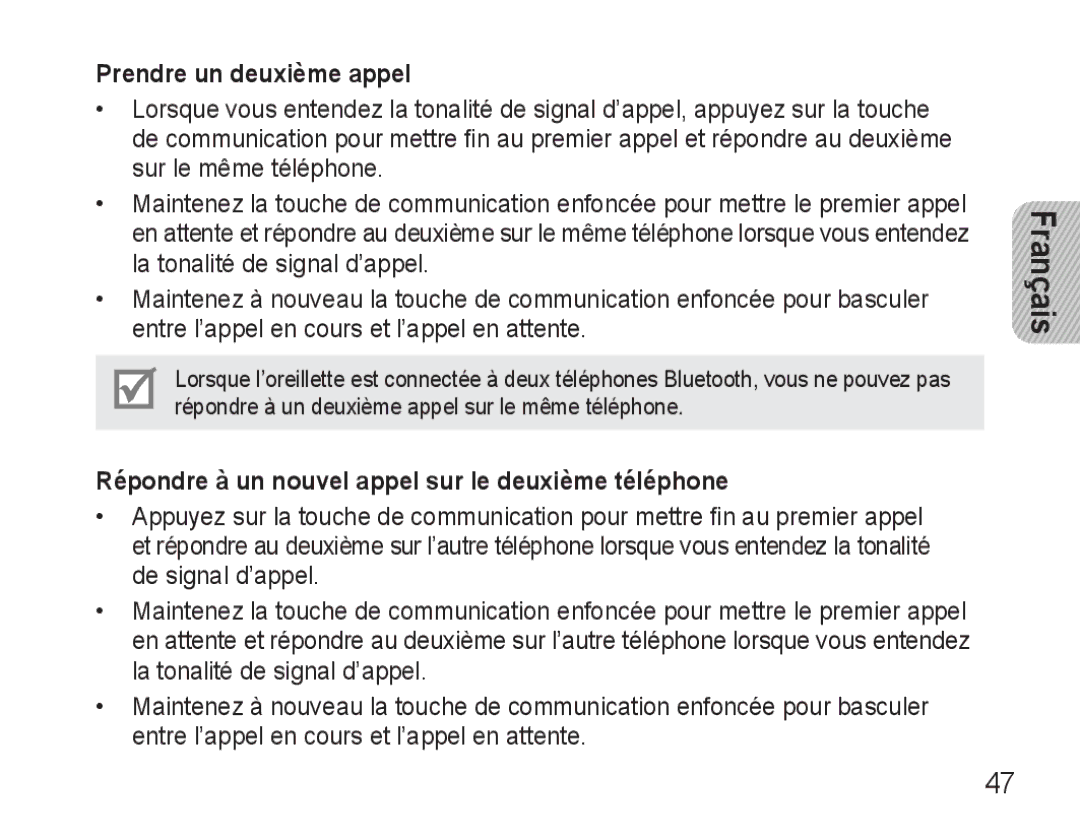 Samsung BHM3500EBECXEF, BHM3500EWECXEF Prendre un deuxième appel, Répondre à un nouvel appel sur le deuxième téléphone 