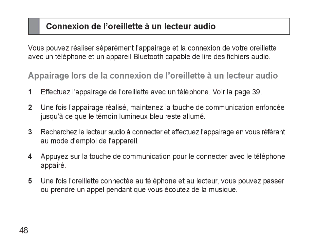 Samsung BHM3500EWECXEF, BHM3500EBECXEF manual Connexion de l’oreillette à un lecteur audio 