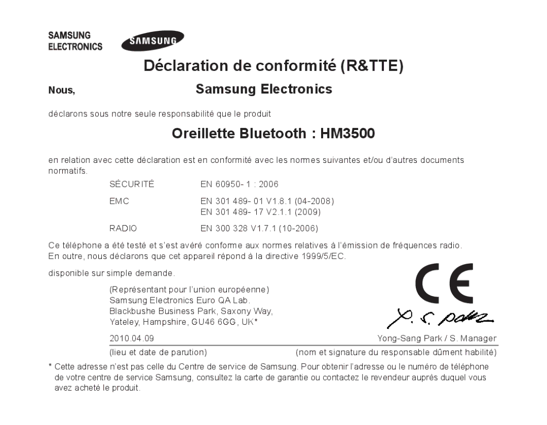 Samsung BHM3500EWECXEF, BHM3500EBECXEF manual Déclaration de conformité R&TTE, Oreillette Bluetooth HM3500 