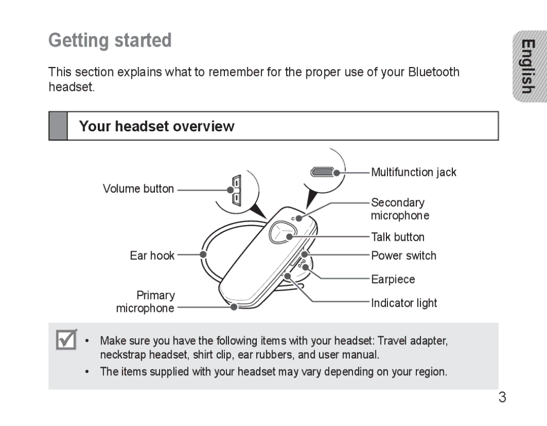 Samsung BHM3500EBECXEF, BHM3500EWECXEF manual Getting started, Your headset overview 