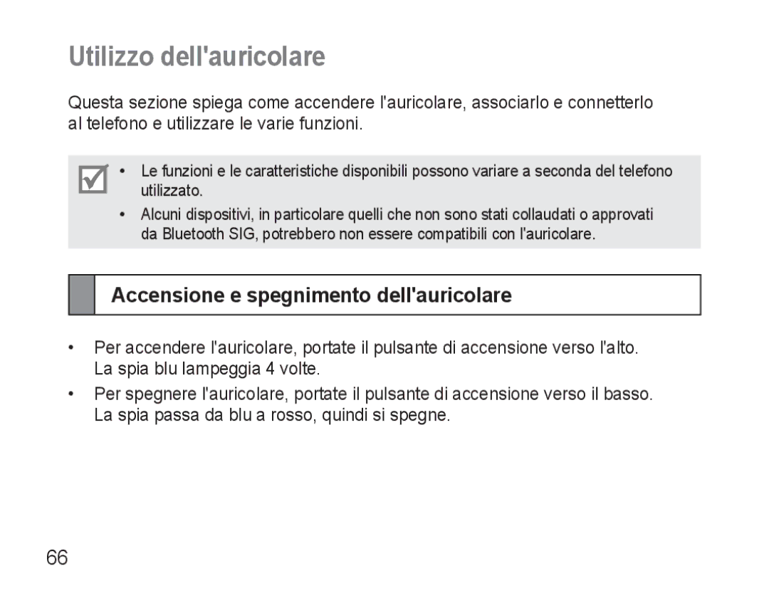 Samsung BHM3500EWECXEF, BHM3500EBECXEF manual Utilizzo dellauricolare, Accensione e spegnimento dellauricolare 