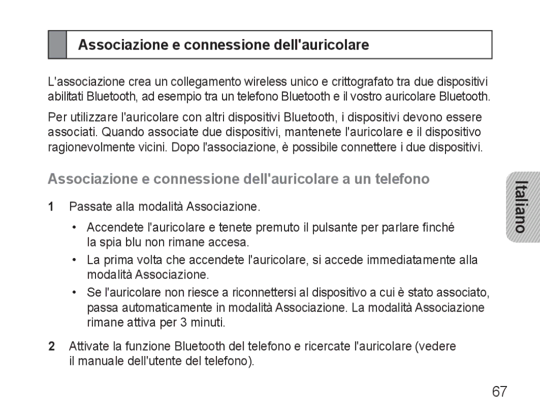 Samsung BHM3500EBECXEF, BHM3500EWECXEF manual Associazione e connessione dellauricolare a un telefono 