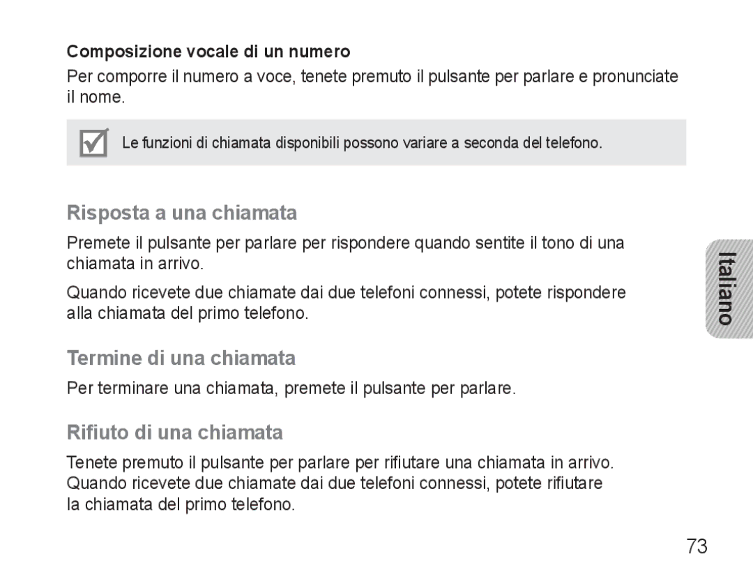 Samsung BHM3500EBECXEF, BHM3500EWECXEF manual Risposta a una chiamata, Termine di una chiamata, Rifiuto di una chiamata 