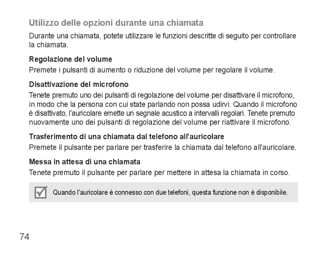 Samsung BHM3500EWECXEF Utilizzo delle opzioni durante una chiamata, Regolazione del volume, Disattivazione del microfono 