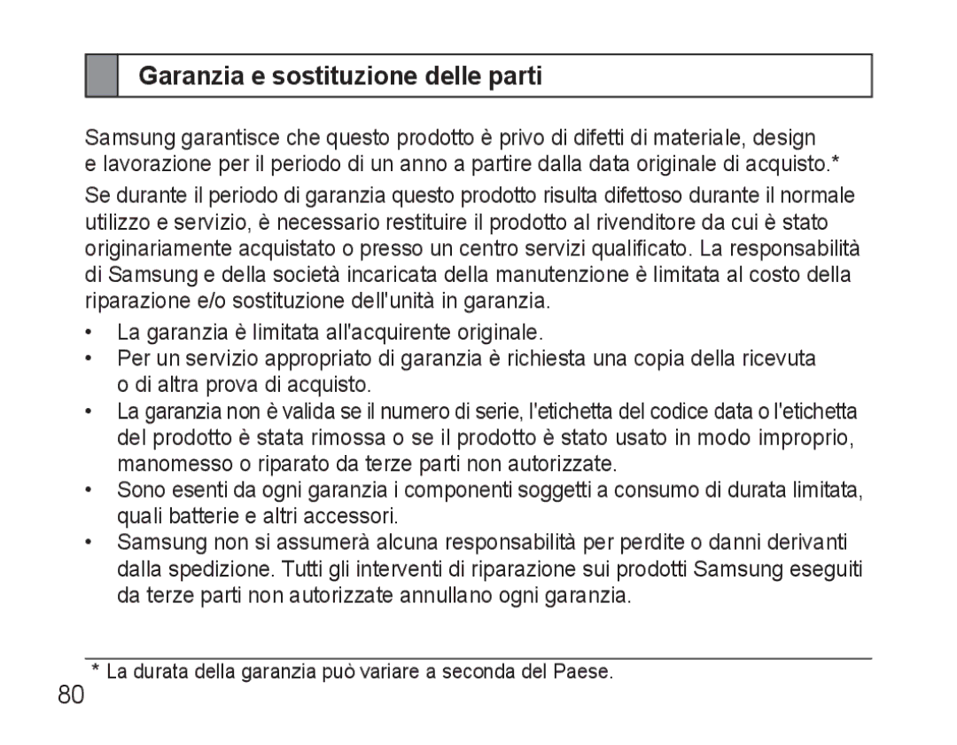 Samsung BHM3500EWECXEF, BHM3500EBECXEF manual Garanzia e sostituzione delle parti 