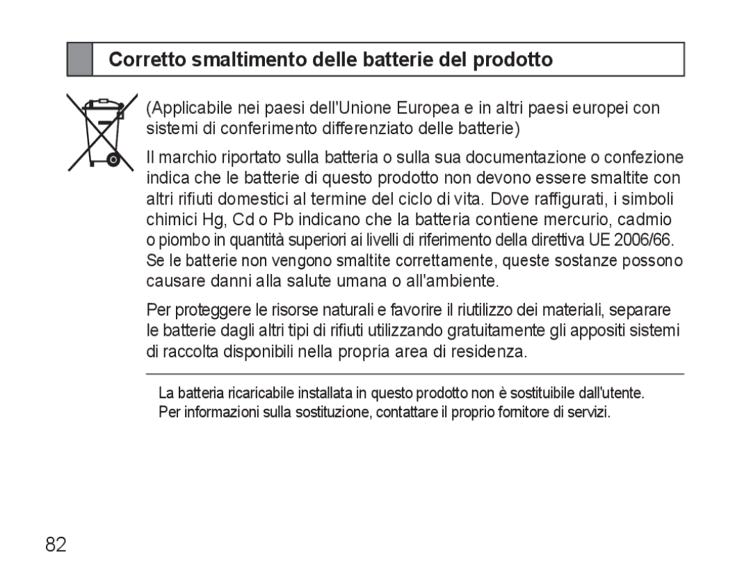 Samsung BHM3500EWECXEF, BHM3500EBECXEF manual Corretto smaltimento delle batterie del prodotto 