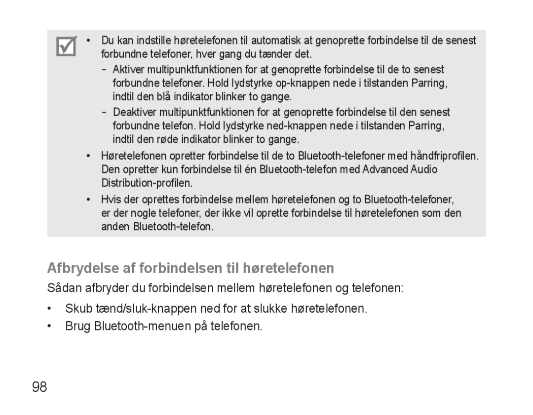 Samsung BHM3500EWECFOP, BHM3500EBECFOP manual Afbrydelse af forbindelsen til høretelefonen 