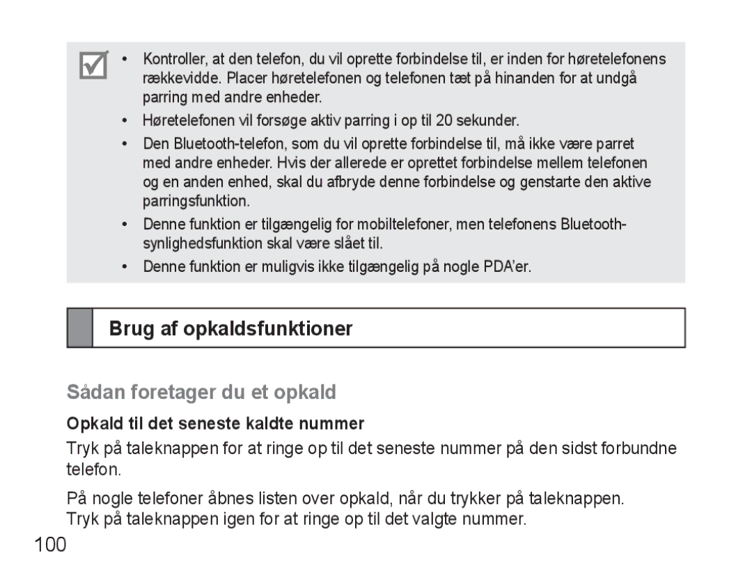 Samsung BHM3500EWECFOP Brug af opkaldsfunktioner, Sådan foretager du et opkald, 100, Opkald til det seneste kaldte nummer 