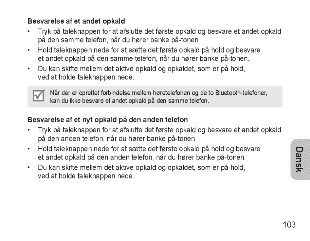 Samsung BHM3500EBECFOP manual 103, Besvarelse af et andet opkald, Besvarelse af et nyt opkald på den anden telefon 