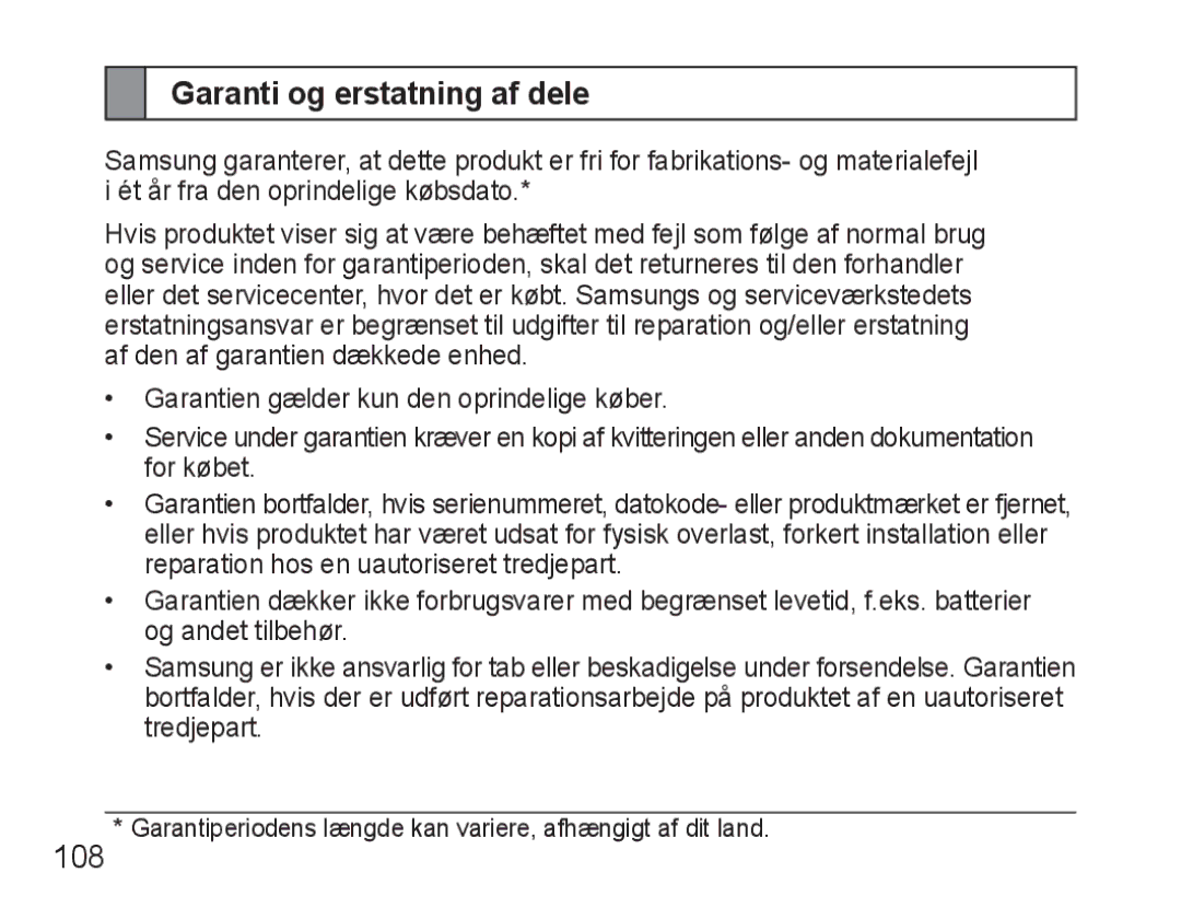 Samsung BHM3500EWECFOP, BHM3500EBECFOP manual Garanti og erstatning af dele 