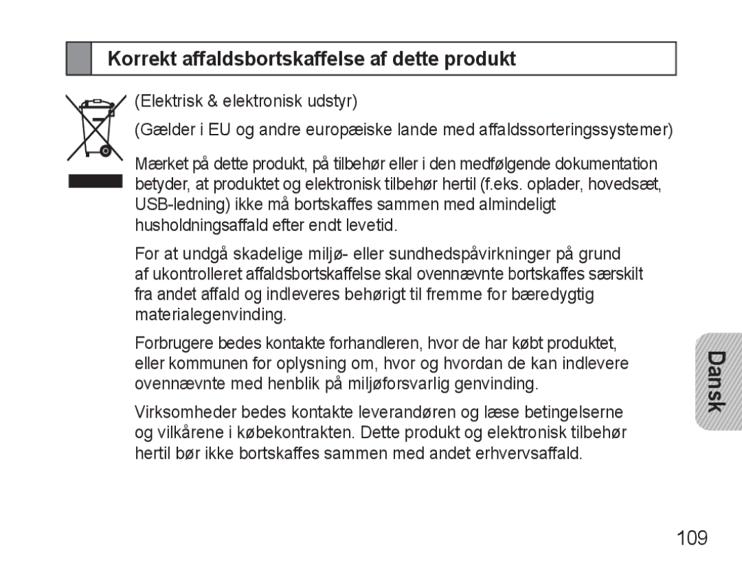 Samsung BHM3500EBECFOP, BHM3500EWECFOP manual Korrekt affaldsbortskaffelse af dette produkt, 109 