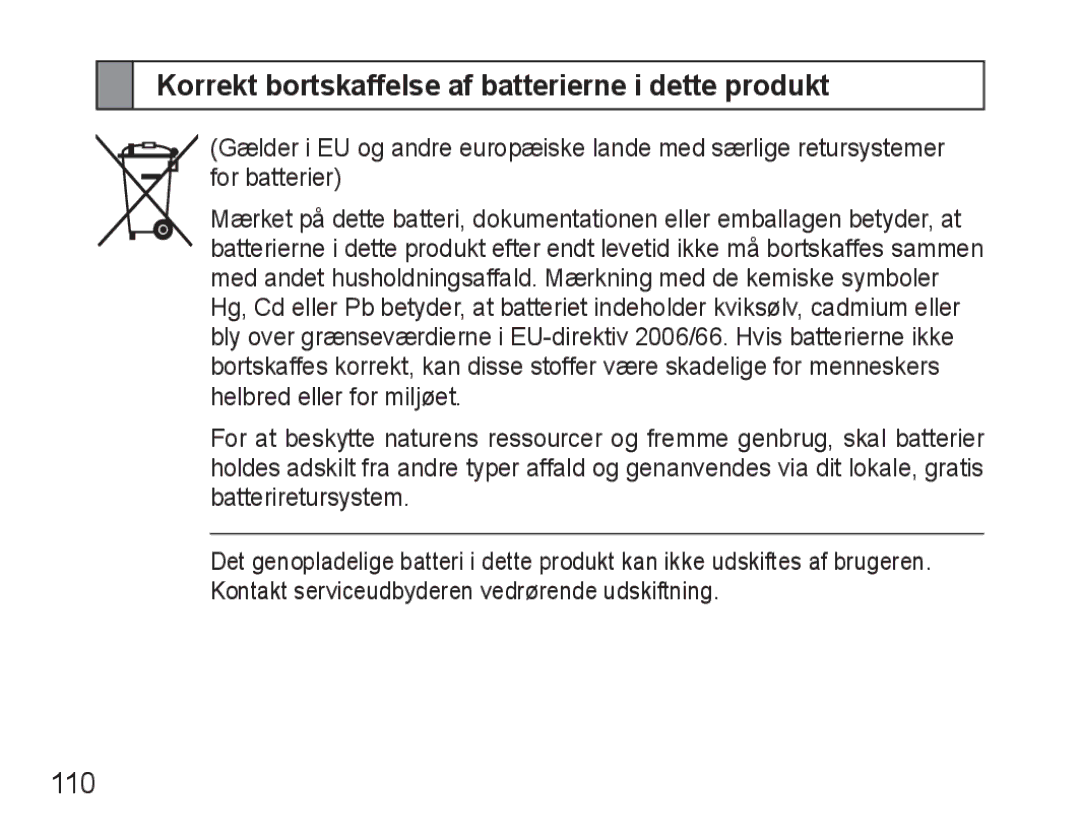 Samsung BHM3500EWECFOP, BHM3500EBECFOP manual Korrekt bortskaffelse af batterierne i dette produkt, 110 