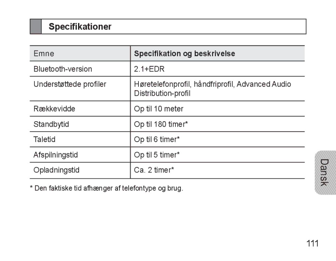 Samsung BHM3500EBECFOP, BHM3500EWECFOP manual 111, Emne Specifikation og beskrivelse 