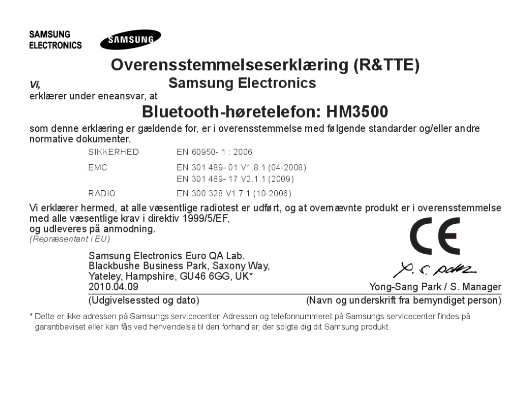 Samsung BHM3500EWECFOP, BHM3500EBECFOP manual Bluetooth-høretelefon HM3500 