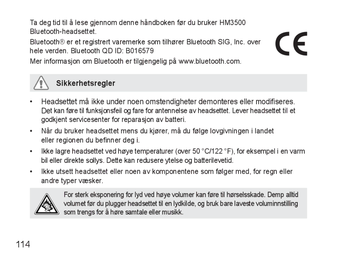 Samsung BHM3500EWECFOP, BHM3500EBECFOP manual 114, Sikkerhetsregler 