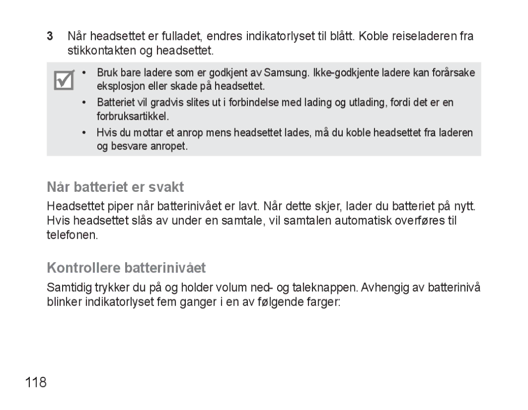 Samsung BHM3500EWECFOP, BHM3500EBECFOP manual Når batteriet er svakt, Kontrollere batterinivået, 118 