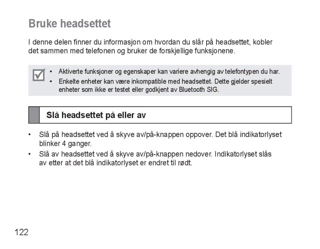 Samsung BHM3500EWECFOP, BHM3500EBECFOP manual Bruke headsettet, Slå headsettet på eller av, 122 