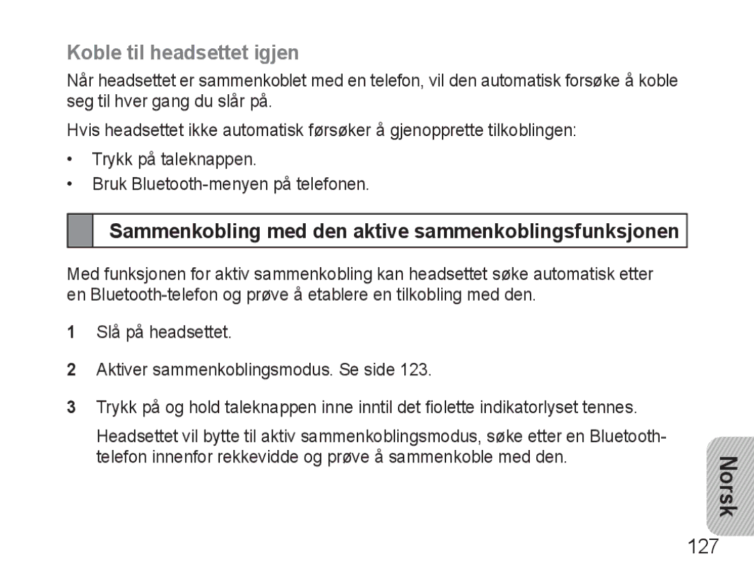 Samsung BHM3500EBECFOP manual Koble til headsettet igjen, Sammenkobling med den aktive sammenkoblingsfunksjonen, 127 