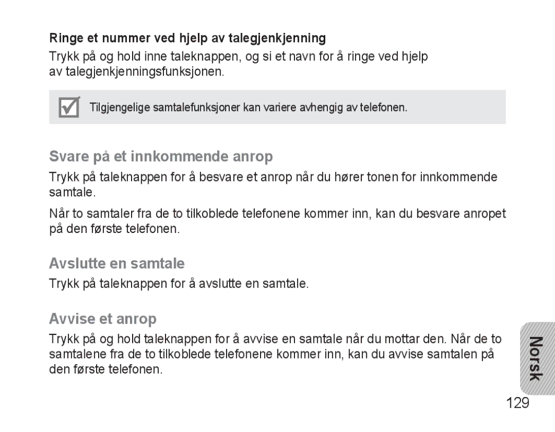 Samsung BHM3500EBECFOP, BHM3500EWECFOP manual Svare på et innkommende anrop, Avslutte en samtale, Avvise et anrop, 129 