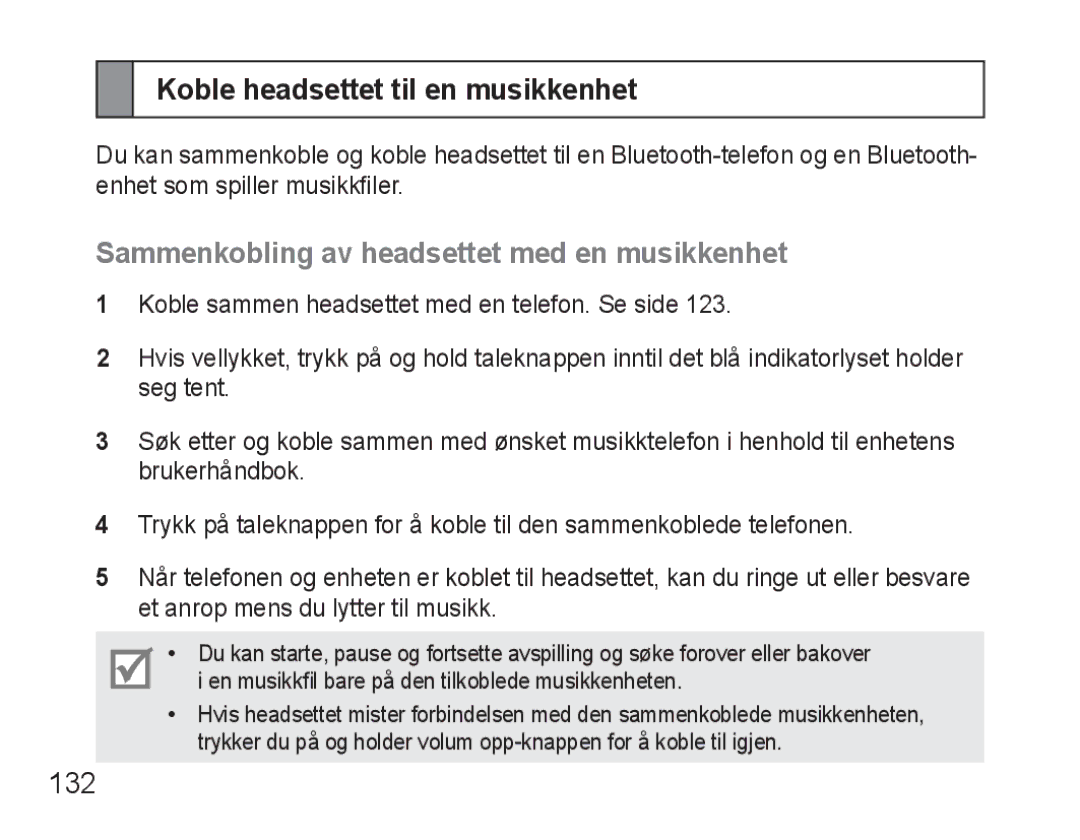 Samsung BHM3500EWECFOP manual Koble headsettet til en musikkenhet, Sammenkobling av headsettet med en musikkenhet, 132 