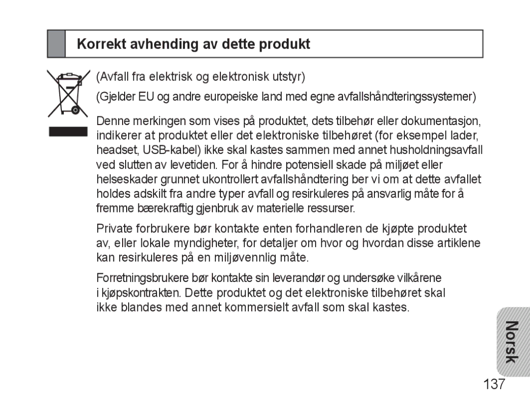 Samsung BHM3500EBECFOP, BHM3500EWECFOP manual Korrekt avhending av dette produkt, 137 