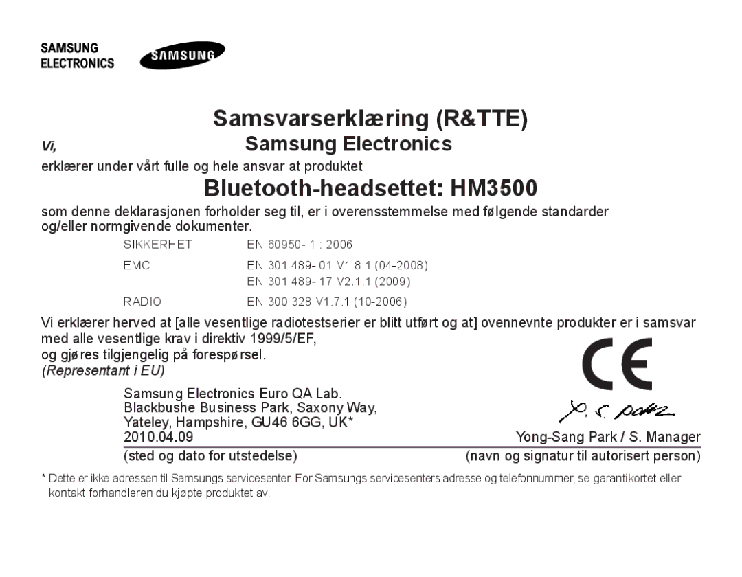 Samsung BHM3500EWECFOP, BHM3500EBECFOP manual Bluetooth-headsettet HM3500 