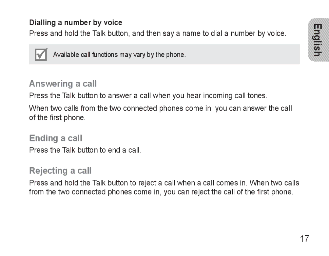 Samsung BHM3500EBECFOP, BHM3500EWECFOP manual Answering a call, Ending a call, Rejecting a call, Dialling a number by voice 