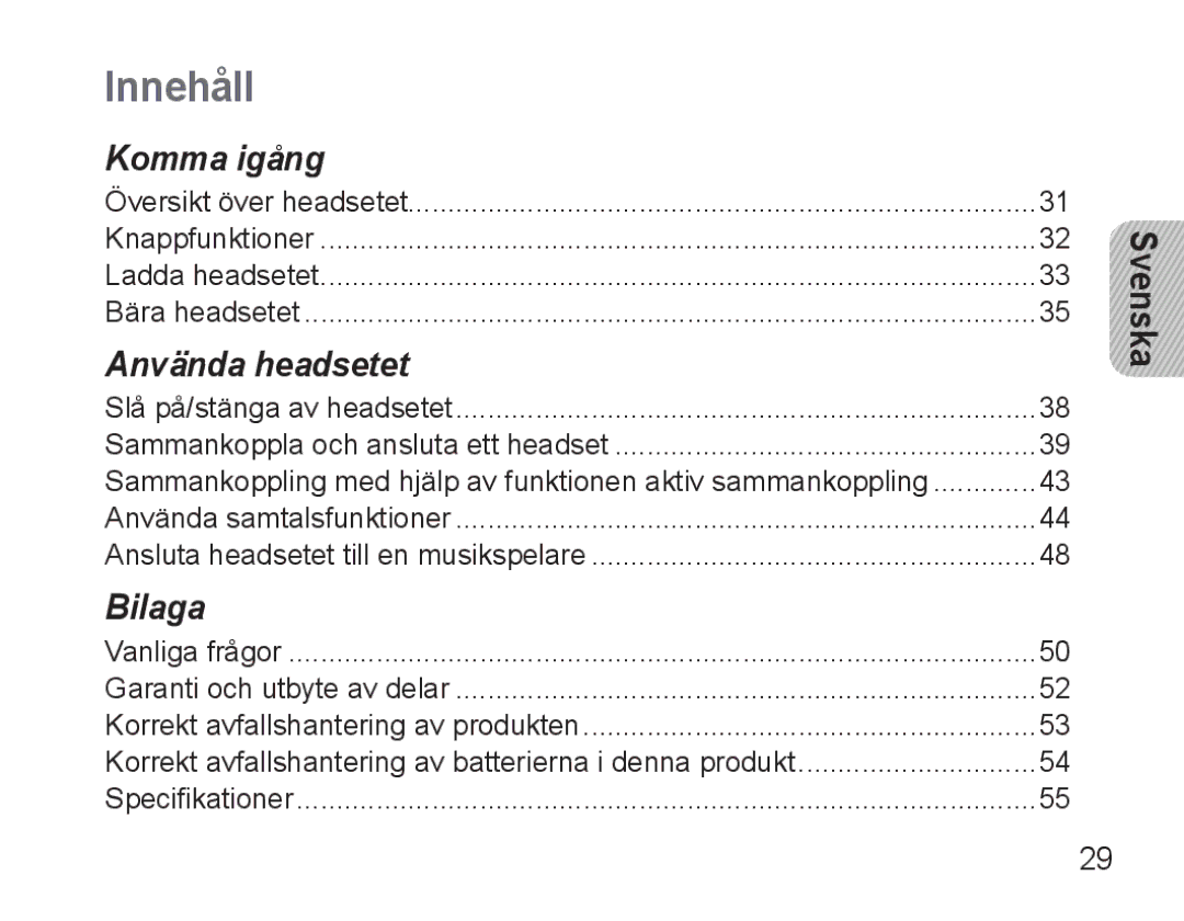 Samsung BHM3500EBECFOP, BHM3500EWECFOP manual Innehåll 