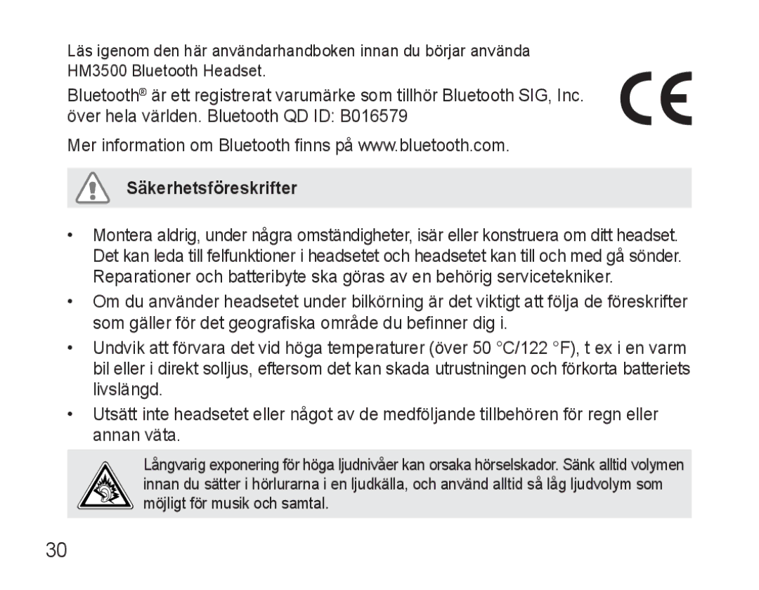 Samsung BHM3500EWECFOP, BHM3500EBECFOP manual Säkerhetsföreskrifter 