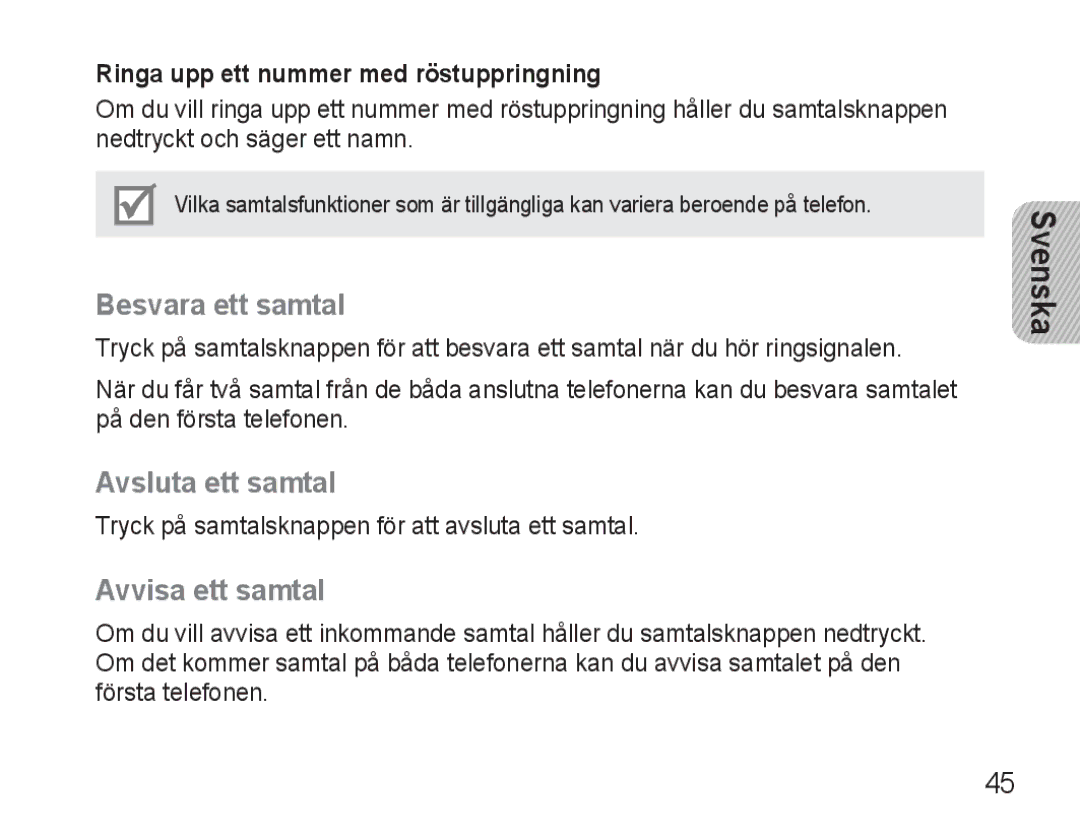 Samsung BHM3500EBECFOP Besvara ett samtal, Avsluta ett samtal, Avvisa ett samtal, Ringa upp ett nummer med röstuppringning 