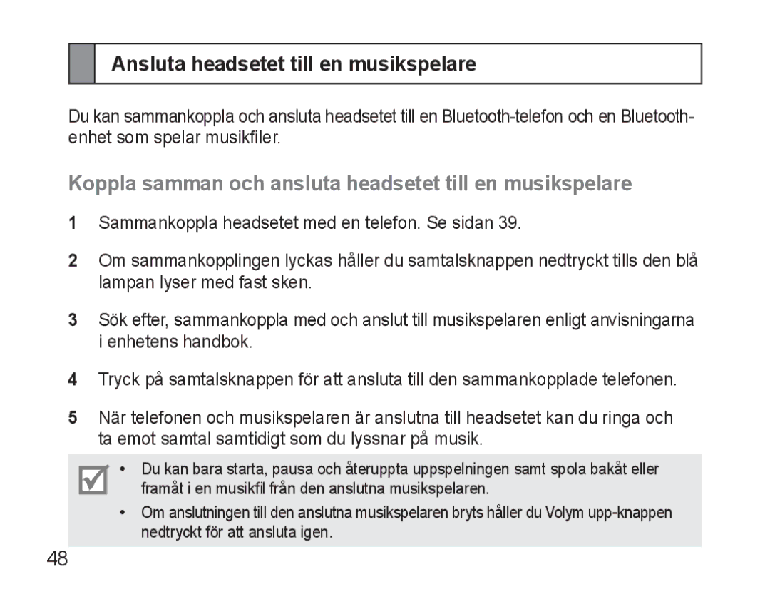 Samsung BHM3500EWECFOP Ansluta headsetet till en musikspelare, Koppla samman och ansluta headsetet till en musikspelare 