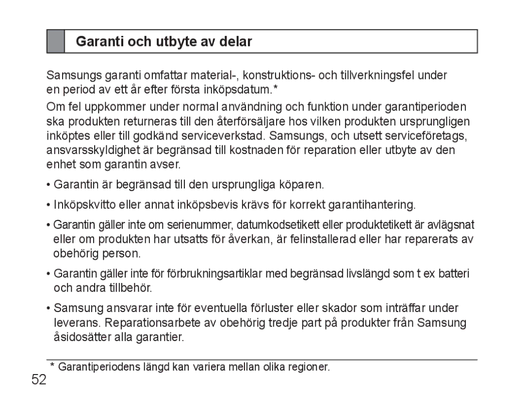 Samsung BHM3500EWECFOP, BHM3500EBECFOP manual Garanti och utbyte av delar 