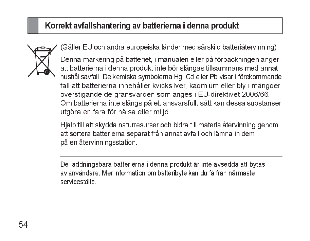 Samsung BHM3500EWECFOP, BHM3500EBECFOP manual Korrekt avfallshantering av batterierna i denna produkt 