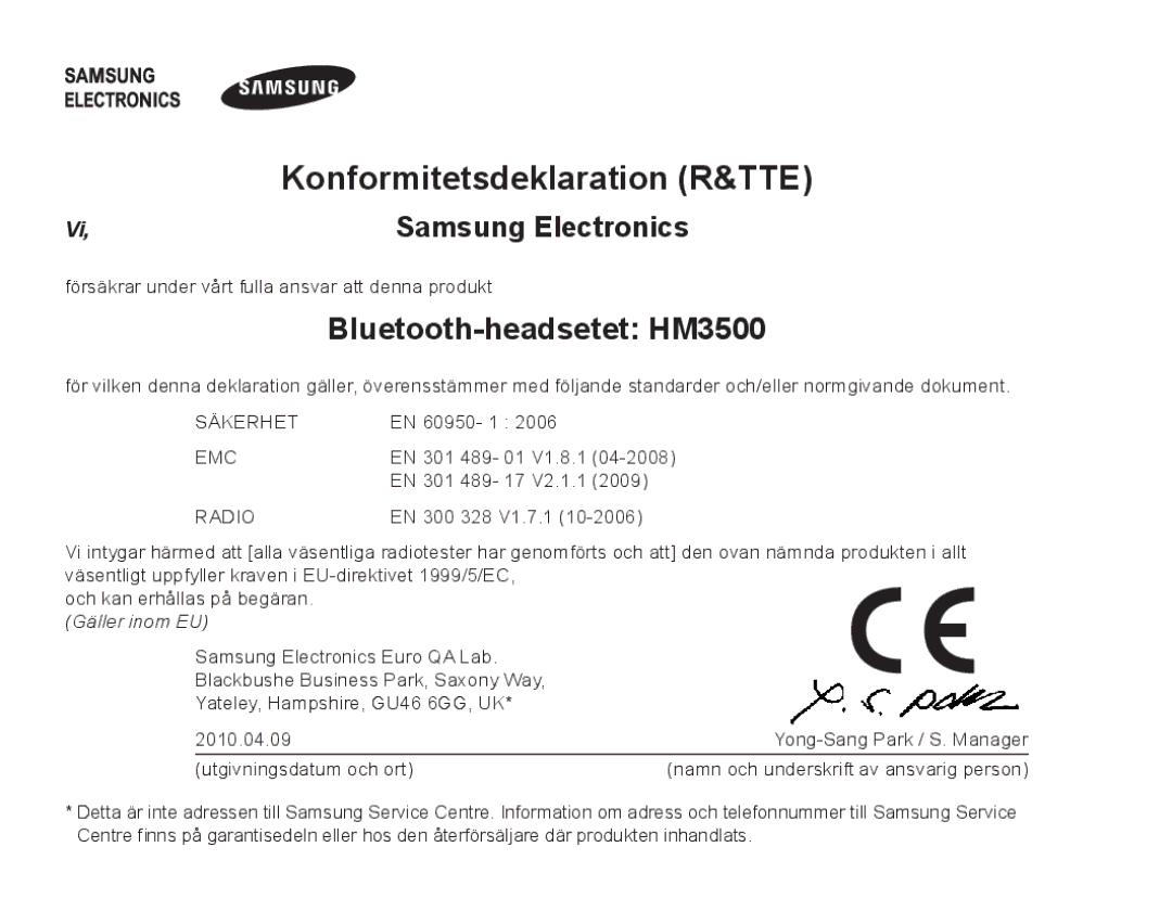 Samsung BHM3500EWECFOP, BHM3500EBECFOP manual Konformitetsdeklaration R&TTE, Bluetooth-headsetet HM3500 