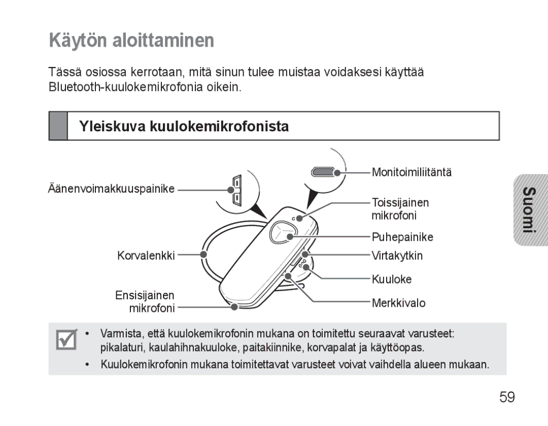 Samsung BHM3500EBECFOP, BHM3500EWECFOP manual Käytön aloittaminen, Yleiskuva kuulokemikrofonista 