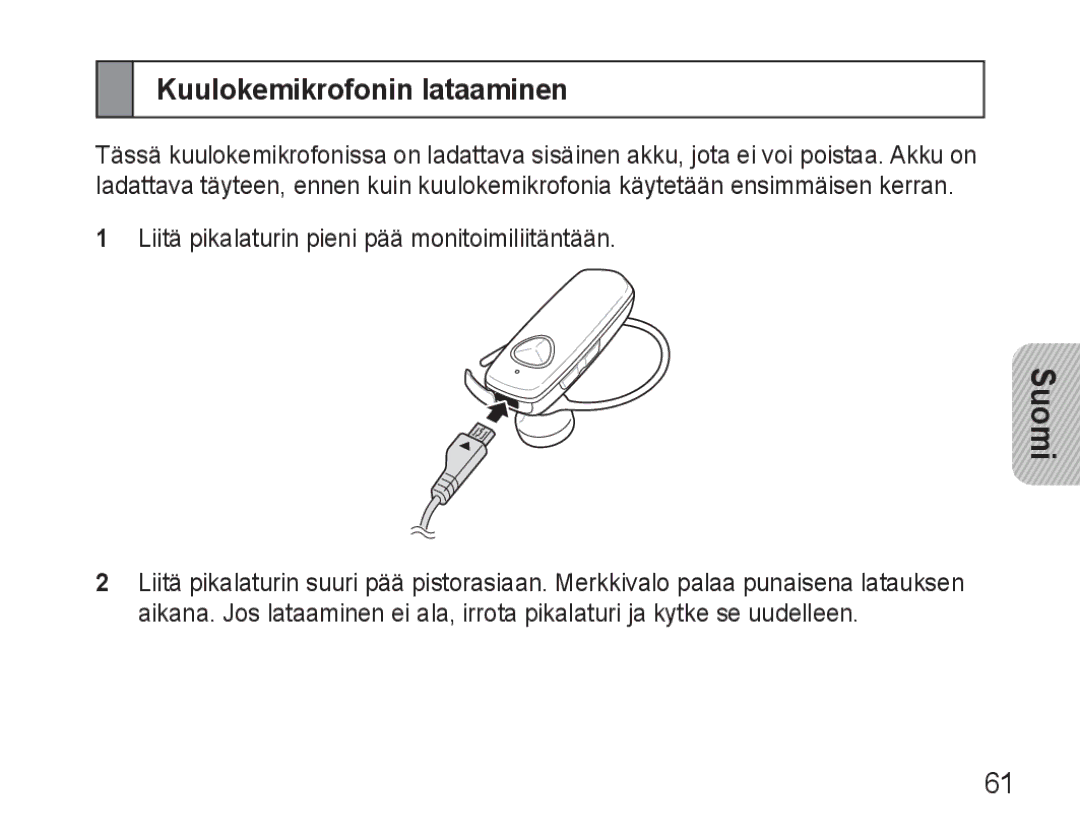 Samsung BHM3500EBECFOP, BHM3500EWECFOP manual Kuulokemikrofonin lataaminen 