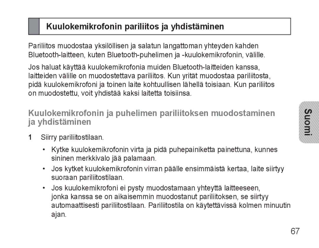 Samsung BHM3500EBECFOP, BHM3500EWECFOP manual Kuulokemikrofonin pariliitos ja yhdistäminen 