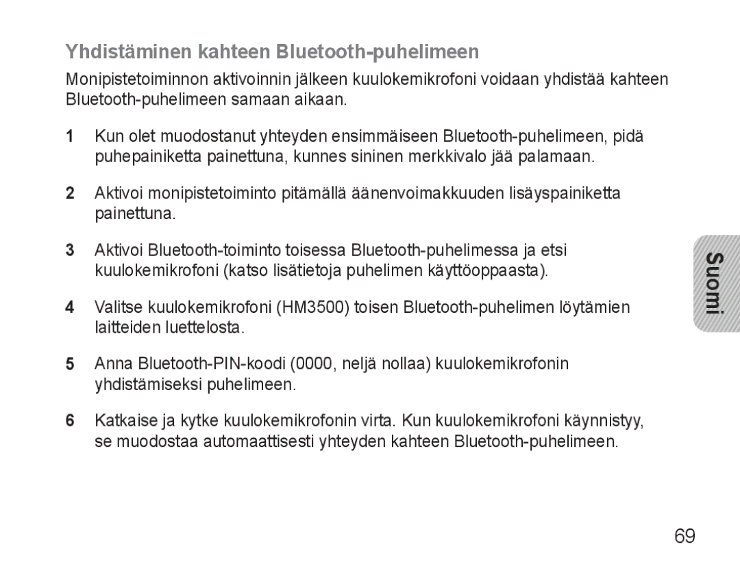 Samsung BHM3500EBECFOP, BHM3500EWECFOP manual Yhdistäminen kahteen Bluetooth-puhelimeen 