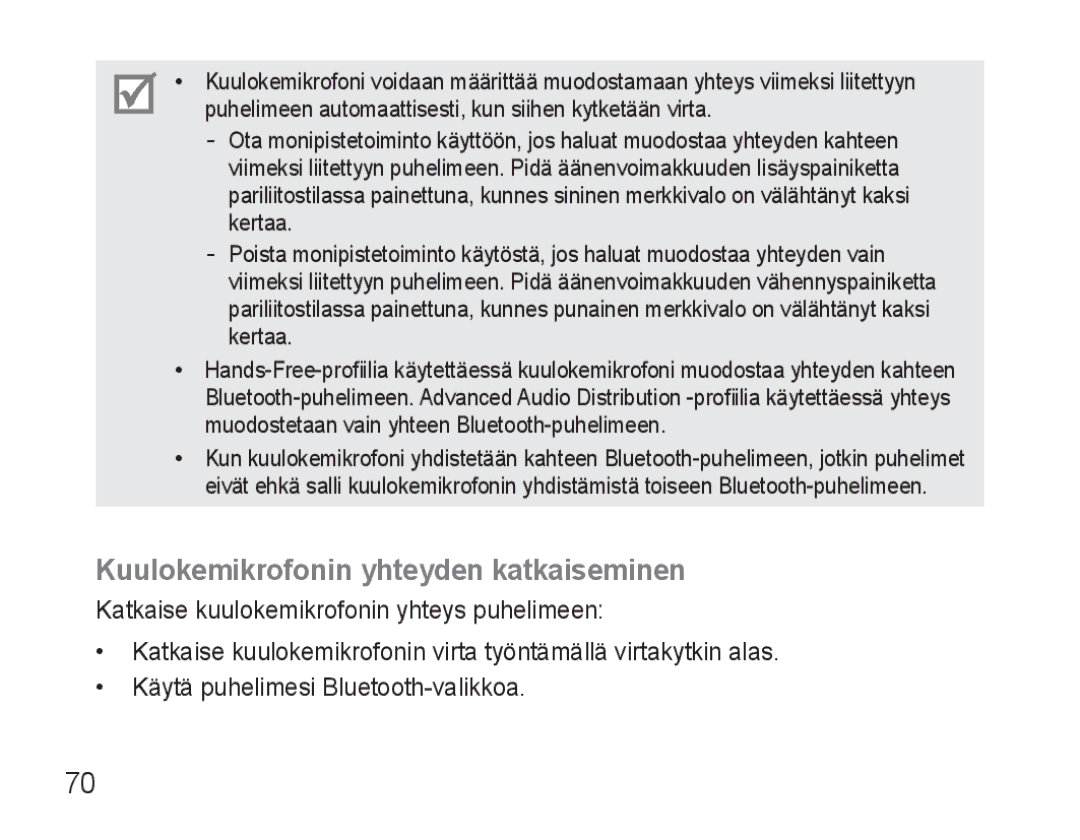 Samsung BHM3500EWECFOP, BHM3500EBECFOP manual Kuulokemikrofonin yhteyden katkaiseminen 