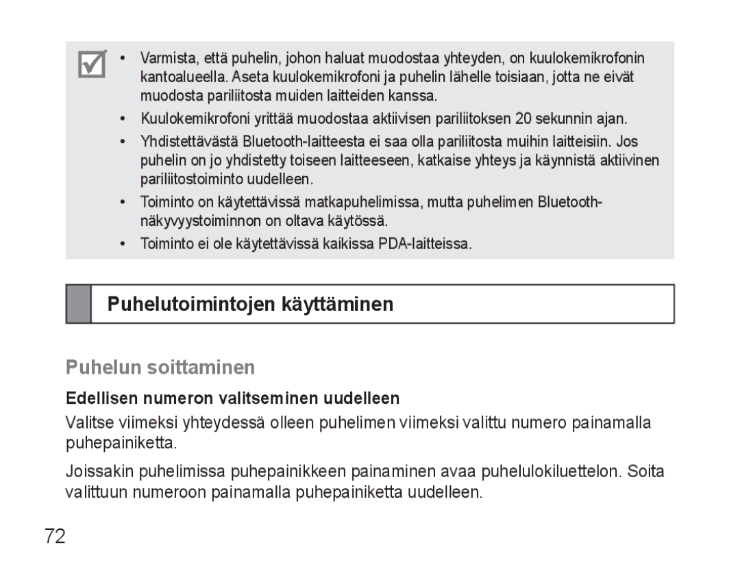 Samsung BHM3500EWECFOP manual Puhelutoimintojen käyttäminen, Puhelun soittaminen, Edellisen numeron valitseminen uudelleen 