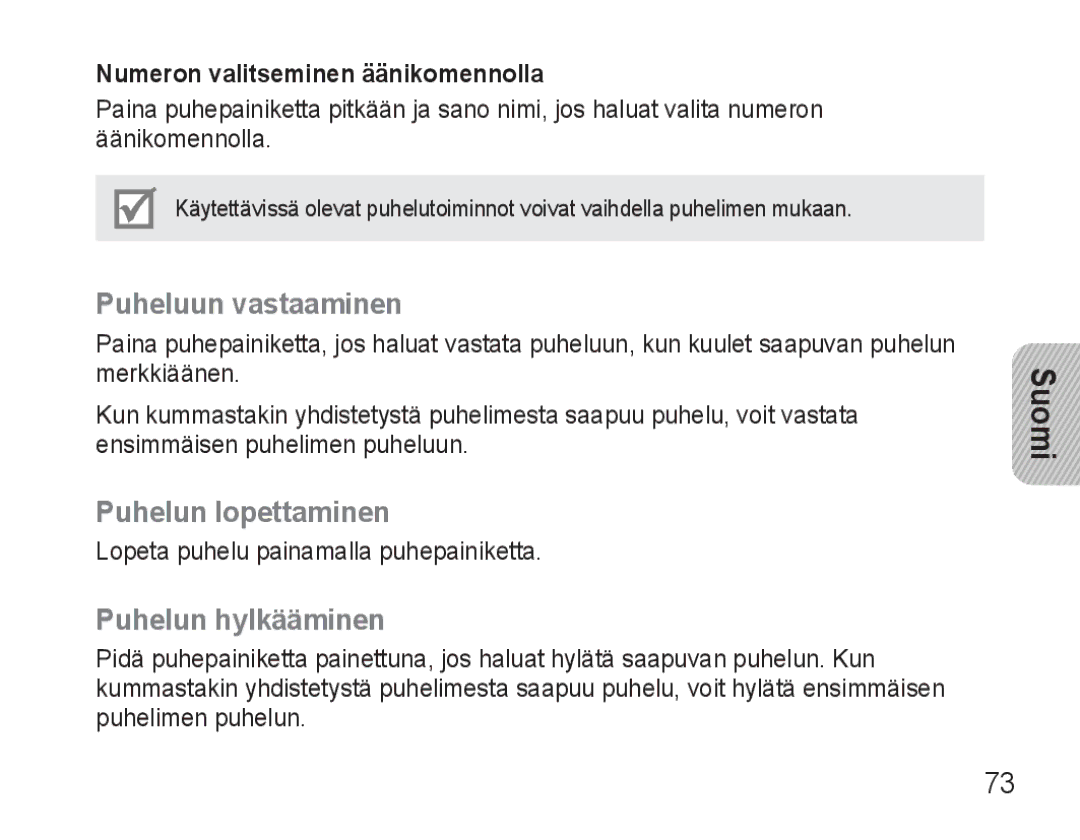 Samsung BHM3500EBECFOP, BHM3500EWECFOP manual Puheluun vastaaminen, Puhelun lopettaminen, Puhelun hylkääminen 