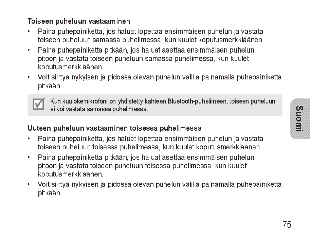 Samsung BHM3500EBECFOP, BHM3500EWECFOP manual Toiseen puheluun vastaaminen, Uuteen puheluun vastaaminen toisessa puhelimessa 